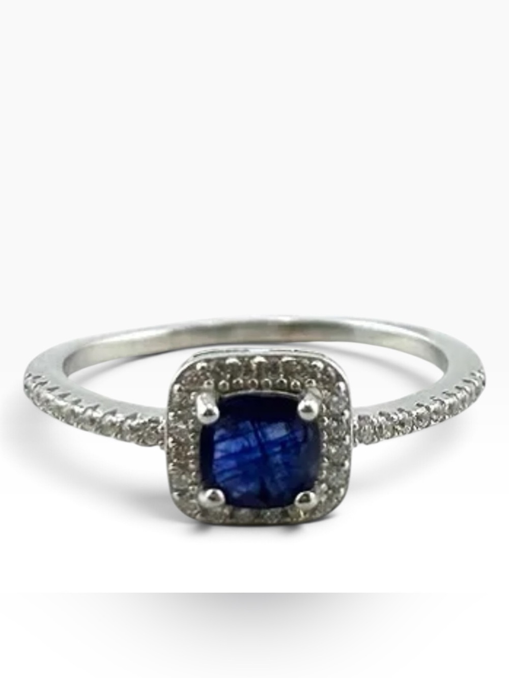 925 Sterling Silver Blue Sapphire Halo Ring Cushion Cut Pave Sz 7.25